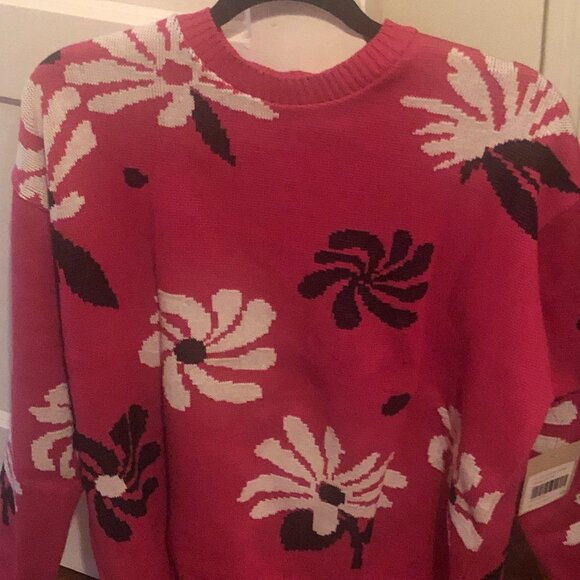 NWT FOR DAYS Oversized Cotton Floral Crew Sweater in Hot Pink - Picture 2 of 3